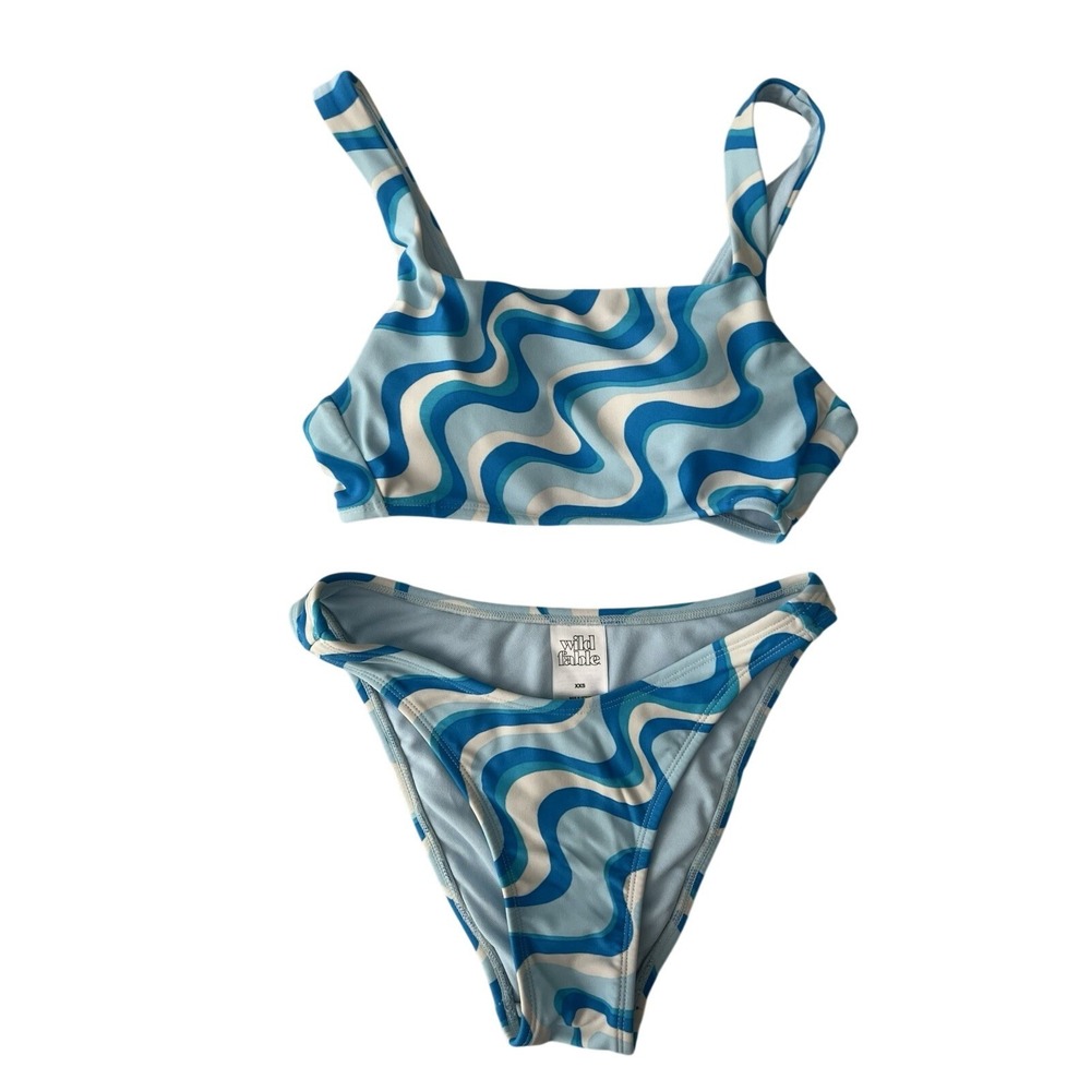 Wild‎ Fable Blue Wavy Psychedelic Print Bikini Set Square Neck High Leg Size XXS